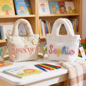 May include: Two corduroy tote bags, one cream and one white, each with a name embroidered on the front. The cream bag says "Evelyn" in pink, and the white bag says "Sophie" in rainbow colours. Both have flower accents.