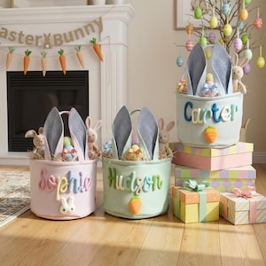 Blue Easter Basket for Baby Boy, Personalized Son Gift, Custom Rope Name Bucket with Gingham Ears