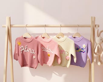Hand Embroidered Baby Name Sweater, Personalized Chunky Knit Jumper, Custom Newborn Coming Home Outfit, Heirloom Keepsake Shower Gift