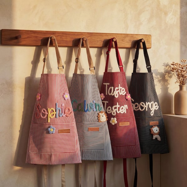 Delantal infantil personalizado / Bata de repostería personalizada / Letras de hilo 3D / Regalo con el nombre de un niño pequeño