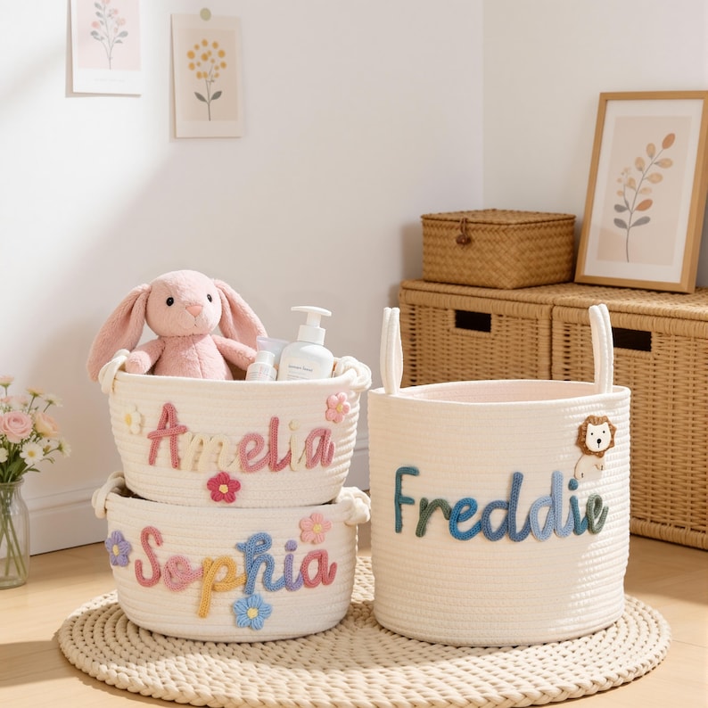 May include: Three off-white woven rope baskets featuring personalised names in colourful yarn lettering. Two smaller stacked baskets display the names Amelia and Sophia with floral accents, while a larger basket features the name Freddie with a lion.