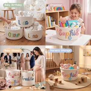May include: A collection of round, white woven cotton rope baskets featuring personalised names in colourful, textured yarn lettering. Some baskets include decorative floral or animal accents. These storage containers are shown in various settings, holding items like plush toys, art supplies, and baby essentials.