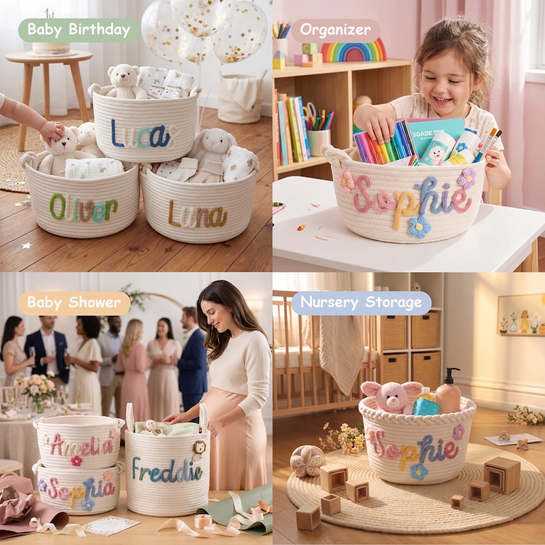 May include: A collection of round, white woven cotton rope baskets featuring personalised names in colourful, textured yarn lettering. Some baskets include decorative floral or animal accents. These storage containers are shown in various settings, holding items like plush toys, art supplies, and baby essentials.