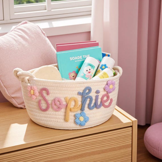 Personalized Monogrammed Woven Basket for Baby Shower Gift · Cotton Knitted Nursery Storage