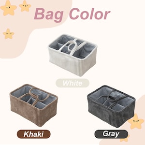 May include: Image shows three corduroy bag organizers in white, khaki, and gray. Each organizer has multiple compartments and a handle. The text "Bag Color" is at the top.