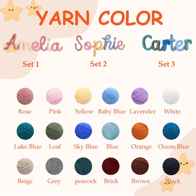 May include: A display of yarn colors and name sets. The text "YARN COLOR" is at the top. The names "Amelia", "Sophie", and "Carter" are displayed in yarn. Below are yarn balls in various colors, including rose, pink, yellow, and baby blue.