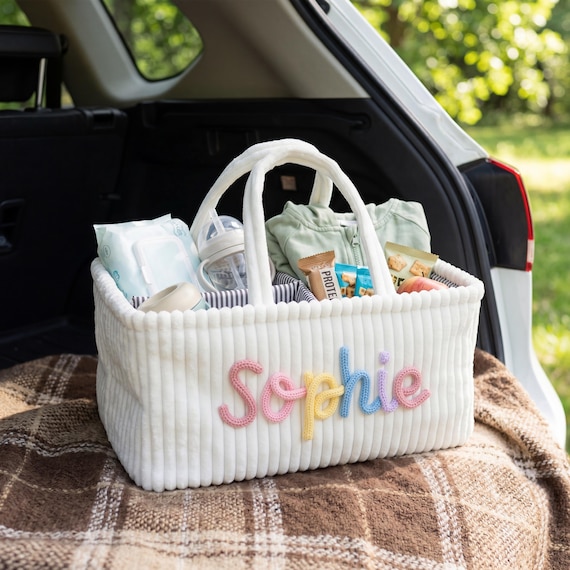 Personalized Car Organizer Baby Travel Caddy 3D Name Corduroy Storage Bin