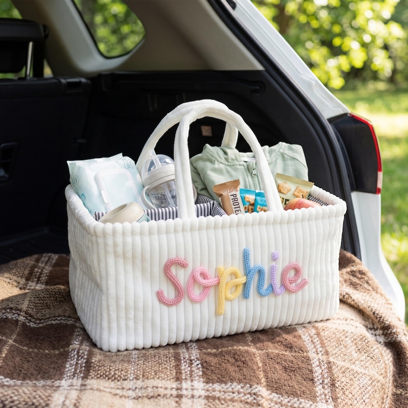 May include: A white corduroy tote bag with the name "Sophie" in colorful yarn letters. The bag is filled with baby essentials, including a bottle, diapers, and snacks. The tote has a white handle and is sitting on a brown and tan plaid blanket.