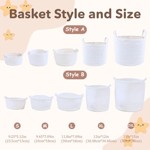 May include: A collection of white rope baskets arranged in two rows labelled Style A and Style B. Sizes range from S to 2XL with dimensions listed in cm, such as 23.5 by 13 cm for size S and 38 by 38 cm for size 2XL, featuring integrated handles.