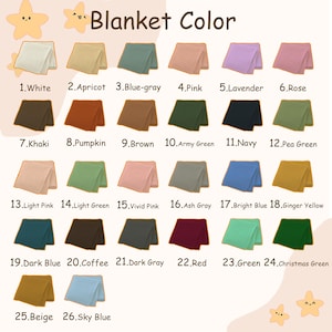 Pode incluir: Um gr&aacute;fico de cores exibe 26 op&ccedil;&otilde;es de cores de cobertores. As cores incluem branco, damasco, azul-acinzentado, rosa, lavanda, rosa, c&aacute;qui, ab&oacute;bora, marrom, verde-oliva, marinho, verde-ervilha, rosa claro, verde claro, rosa vibrante, cinza-claro, azul brilhante, amarelo gengibre, azul escuro, caf&eacute;, cinza escuro, vermelho, verde, verde natal, bege e azul celeste.