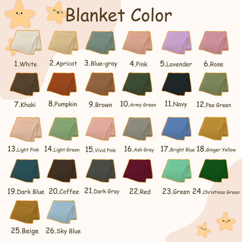 Pode incluir: Um gr&aacute;fico de cores exibe 26 op&ccedil;&otilde;es de cores de cobertores. As cores incluem branco, damasco, azul-acinzentado, rosa, lavanda, rosa, c&aacute;qui, ab&oacute;bora, marrom, verde-oliva, marinho, verde-ervilha, rosa claro, verde claro, rosa vibrante, cinza-claro, azul brilhante, amarelo gengibre, azul escuro, caf&eacute;, cinza escuro, vermelho, verde, verde natal, bege e azul celeste.