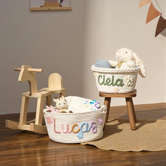 Custom Baby Name Basket · Montessori Baby Woven Basket · Cotton Rope Nursery Basket · Name Toy Basket · Monogram Baby Basket · Newborn Gift
