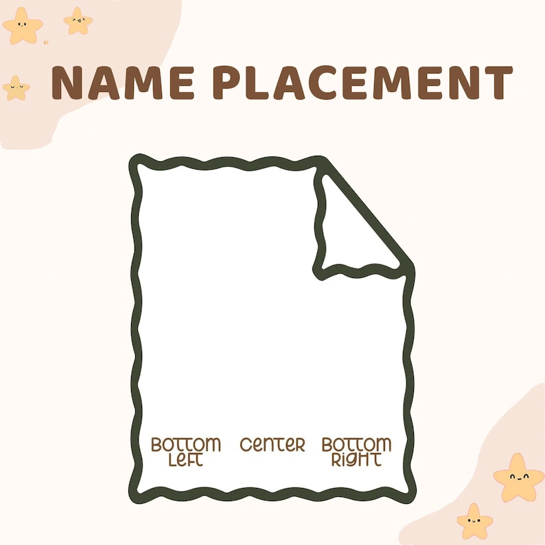 Pode incluir: Um gr&aacute;fico digital com o texto "NAME PLACEMENT" em letras marrons. Abaixo, um ret&acirc;ngulo branco com uma borda verde escura e o texto "BOTTOM LEFT", "CENTER" e "BOTTOM RIGHT". O fundo &eacute; bege claro com ilustra&ccedil;&otilde;es de estrelas.