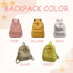 May include: Image of five corduroy backpacks in pink, yellow, gray, khaki, and green. The text "BACKPACK COLOR" is at the top. Each backpack has a front pocket and a top handle. The colors are labeled below each backpack.