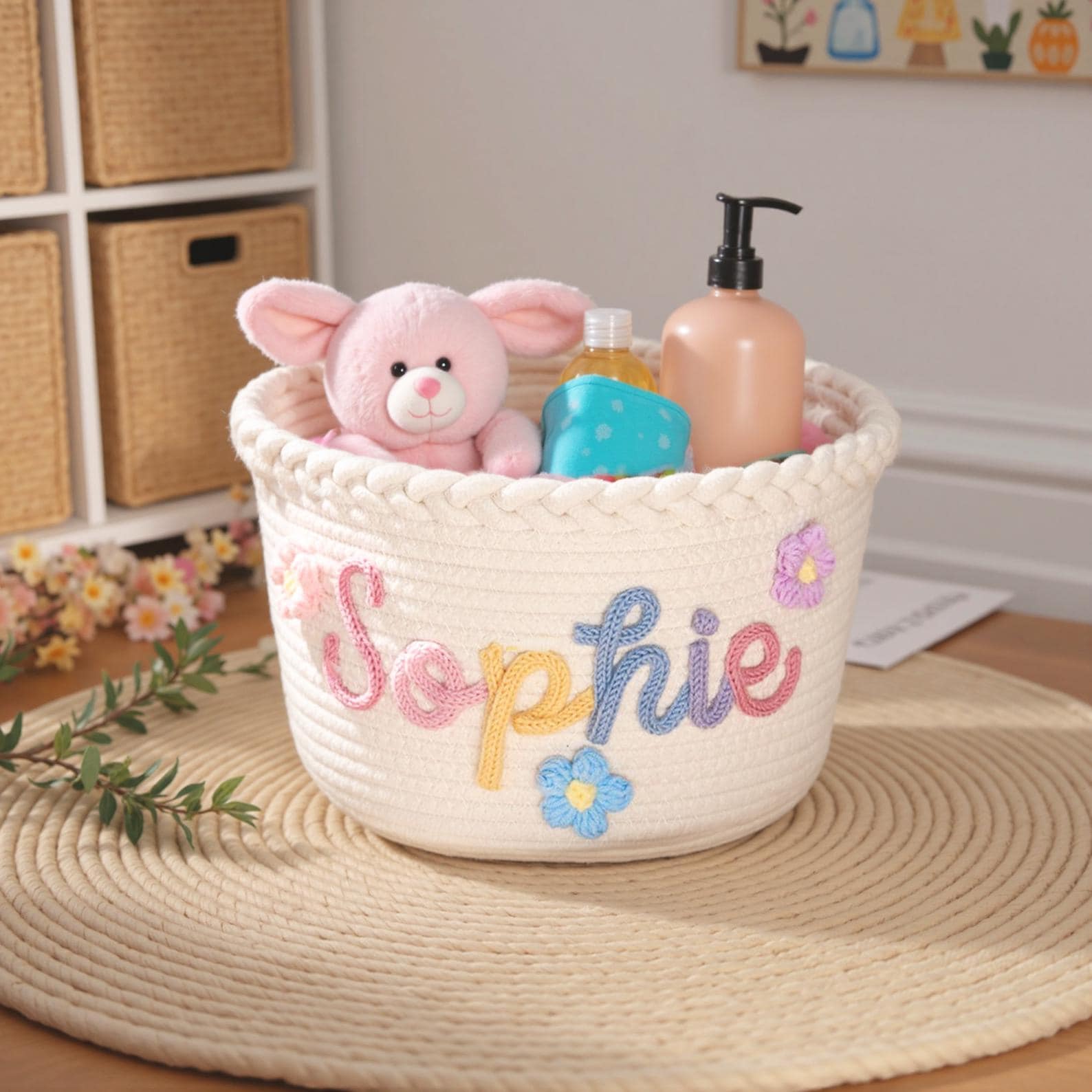 Custom Knit Baby Basket · Monogrammed Newborn Gift Basket · Cotton Rope Nursery Basket · Baby Woven Basket · Baby Shower Basket