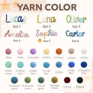 May include: A yarn colour chart featuring six name examples in various colour combinations and a numbered list of twenty yarn balls in shades including rose, pink, lavender, yellow, orange, khaki, white, mint, blue, mustard, and black.