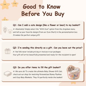 May include: An informational graphic titled Good to Know Before You Buy with three questions and answers regarding basket customisation, gift shipping, and additional items, featuring icons of stars, a flower, a bear, a gift box, and a blanket.
