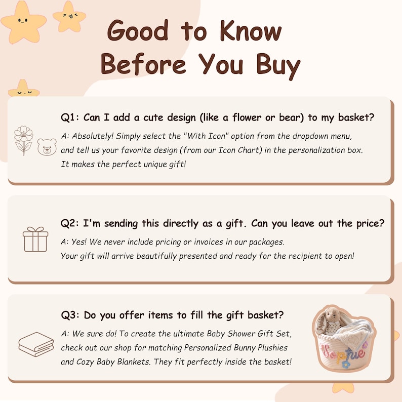 May include: An informational graphic titled Good to Know Before You Buy with three questions and answers regarding basket customisation, gift shipping, and additional items, featuring icons of stars, a flower, a bear, a gift box, and a blanket.
