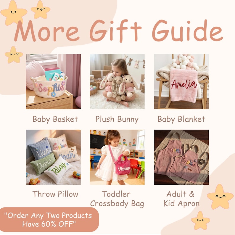 May include: A gift guide collage featuring a personalised rope basket, plush bunny, embroidered baby blanket, throw pillows with names, a toddler crossbody bag, and matching adult and child aprons. The text reads More Gift Guide and Order Any Two Products Have 60% OFF.