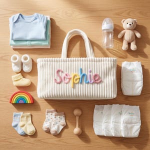 May include: A collection of baby items, including a cream-colored tote bag with the name "Sophie" in colorful letters, baby clothes, socks, a teddy bear, a bottle, diapers, and a wooden rattle. A rainbow-shaped toy and baby shoes are also present.