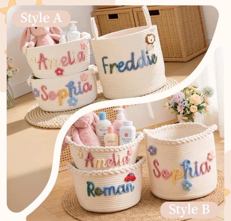 May include: Off-white cotton rope storage baskets featuring personalised names in colourful yarn lettering. The baskets are decorated with small fabric flowers, a lion, or a car. Some baskets contain plush toys and bottles of baby lotion.