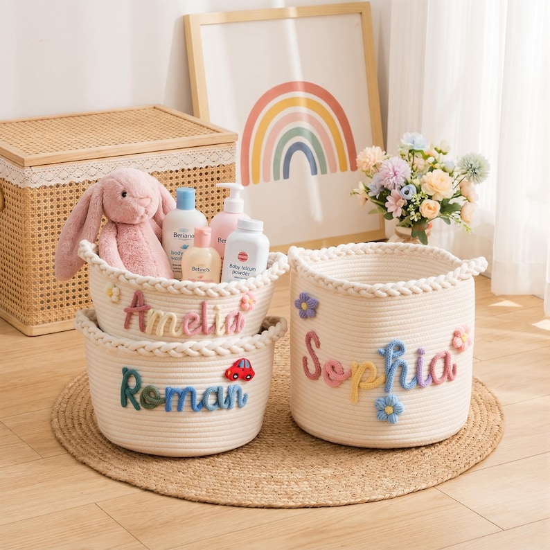 May include: Two off-white woven rope storage baskets featuring braided rims and colourful yarn lettering. One basket displays the name Amelia with small flowers, the other shows Roman with a red car, and a third shows Sophia with blue flowers.