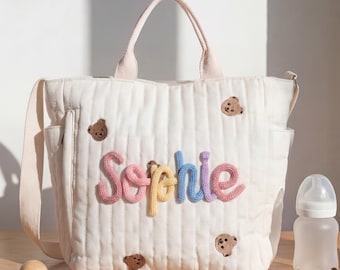 Personalized Quilted Diaper Tote With Yarn Name Bear Patch Nursery Organizer For Newborn Essentials