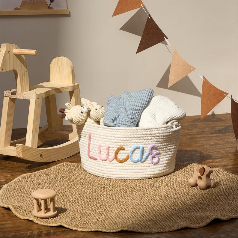 Custom Baby Name Basket · Montessori Baby Woven Basket · Cotton Rope Nursery Basket · Name Toy Basket · Monogram Baby Basket · Newborn Gift image 10