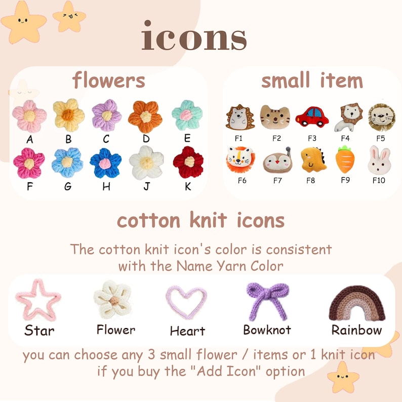 May include: A collection of small cotton knit icons including various flowers labelled A through K, small items labelled F1 through F10 such as animals and vehicles, and shapes like a star, flower, heart, bowknot, and rainbow with text.