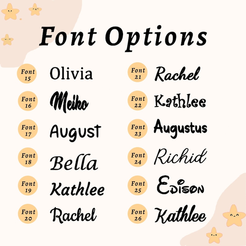 Pode incluir: Imagem mostrando v&aacute;rias op&ccedil;&otilde;es de fontes para design de texto. O texto "Font Options" est&aacute; no topo. Abaixo, exemplos de diferentes fontes, cada uma com um nome e um n&uacute;mero de fonte, como "Olivia" (Fonte 15) e "Rachel" (Fonte 21).