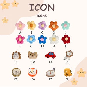 May include: A collection of colorful crochet icons, including flowers, a hedgehog, a cat, a red car, a lion, an owl, and a dinosaur. The word "ICON" and "icons" are displayed at the top of the image.
