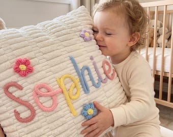 Custom Textured Name Pillow, Soft Corduroy Nursery Decor, Handcrafted 3D Yarn Letters