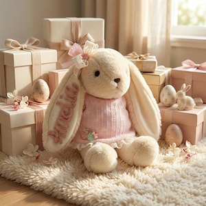 Coniglietto pasquale di peluche neutro, regalo boho personalizzato per neonati, coniglio con nome personalizzato in filato, decorazione beige per la cameretta dei bambini, ricordo per neonato