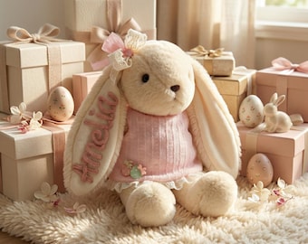 Coniglietto pasquale di peluche neutro, regalo boho personalizzato per neonati, coniglio con nome personalizzato in filato, decorazione beige per la cameretta dei bambini, ricordo per neonato