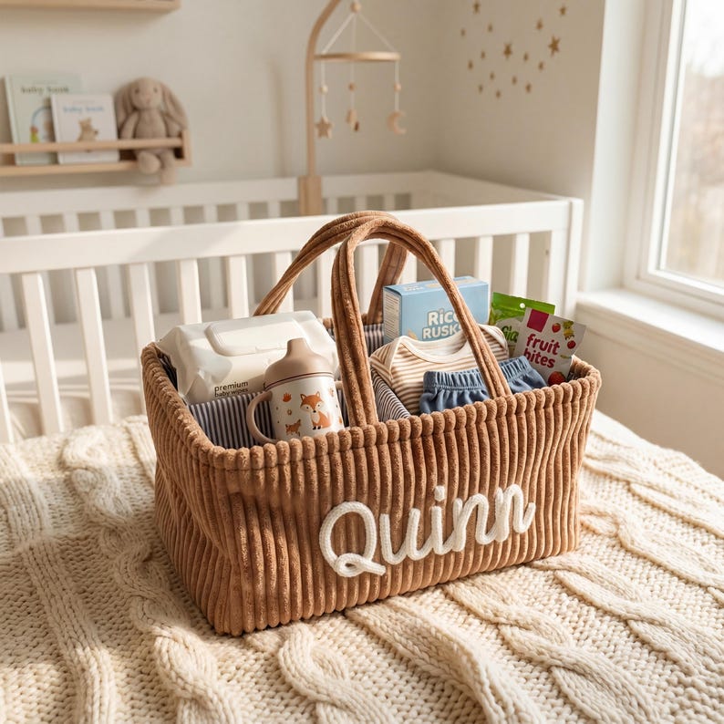 May include: A brown corduroy baby gift basket filled with baby essentials, including a bottle with a fox design, wipes, and clothing. The basket has a white embroidered name "Quinn" on the front.