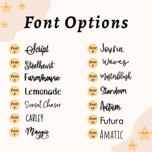 Pode incluir: Gr&aacute;fico mostrando quatorze op&ccedil;&otilde;es de fontes, cada uma com uma amostra do estilo da fonte. As fontes incluem Script, Steelheart, Farmhouse, Lemonade, Sunset Chaser, Carley, Maggie, Joyful, Waves, Masterblush, Stardom, Autum, Futura e AMATIC.
