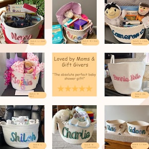 May include: A collection of white woven rope storage baskets featuring personalised names in various coloured yarn fonts, some decorated with small icons like flowers or stars, and filled with assorted baby items, books, and plush toys.