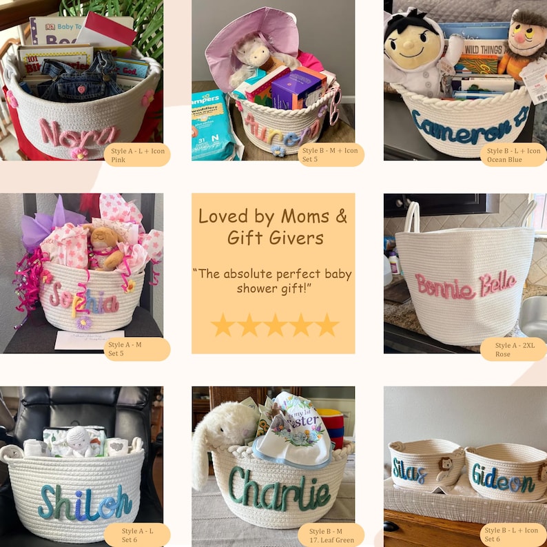 May include: A collection of white woven rope storage baskets featuring personalised names in various coloured yarn fonts, some decorated with small icons like flowers or stars, and filled with assorted baby items, books, and plush toys.