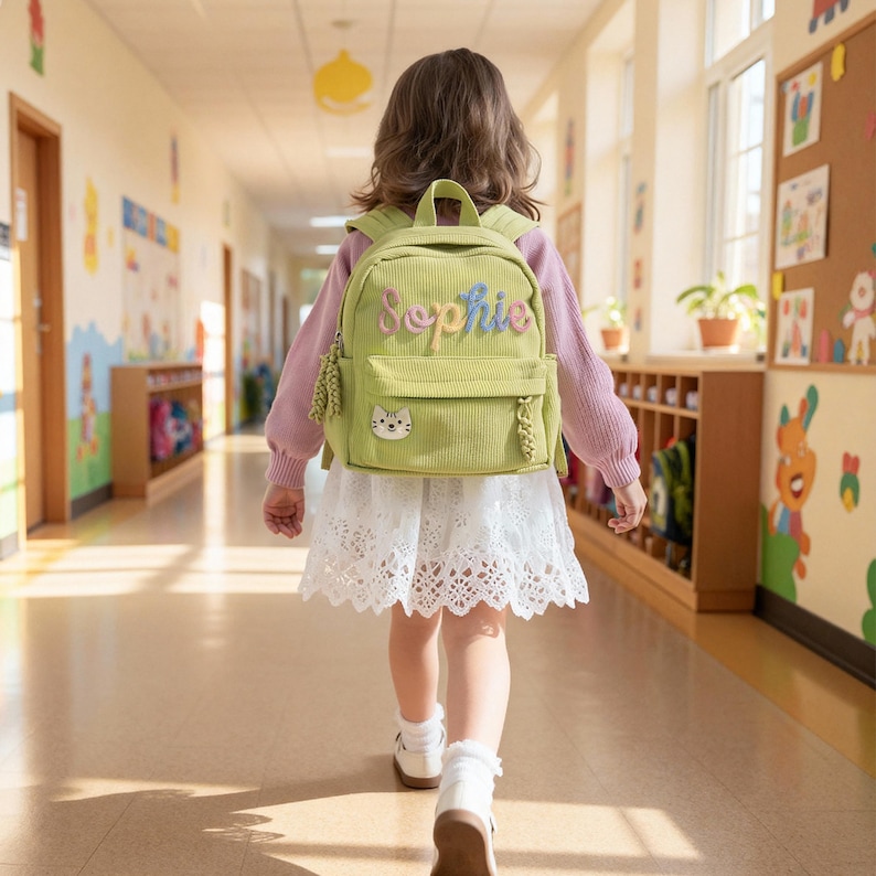 May include: A light green corduroy backpack with the name "Sophie" embroidered in colorful thread. The backpack features a front pocket, a cat face patch, and a tassel. The child is wearing a pink sweater and white dress.