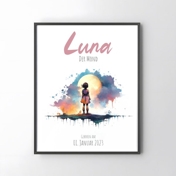 Bild mit Namen für Kinderzimmer & Babyzimmer | Geschenk Geburt, Geburtstag | Namensbedeutung Luna | Mädchen Mond Farben | Personalisierbar