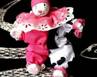 Kitty Cat Clown Doll - Pink, Black and White Cow Print with Lace