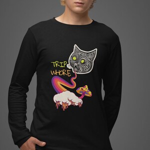 Psychedelic Cat Mushroom Long Sleeve T-Shirt Trippy Rainbow Design for EDM Raves Festivals Bold Streetwear Unique Vibrant Style