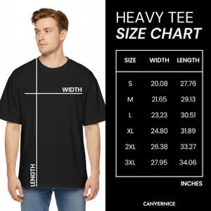 May include: A black t-shirt with a white graphic overlay showing width and length measurement lines. To the right, a black chart titled HEAVY TEE SIZE CHART lists sizes S through 3XL with corresponding width and length measurements in inches.