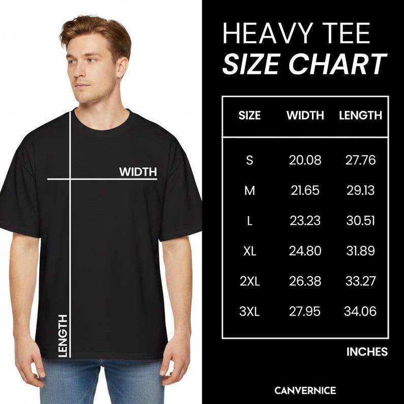 May include: A black t-shirt with a white graphic overlay showing width and length measurement lines. To the right, a black chart titled HEAVY TEE SIZE CHART lists sizes S through 3XL with corresponding width and length measurements in inches.