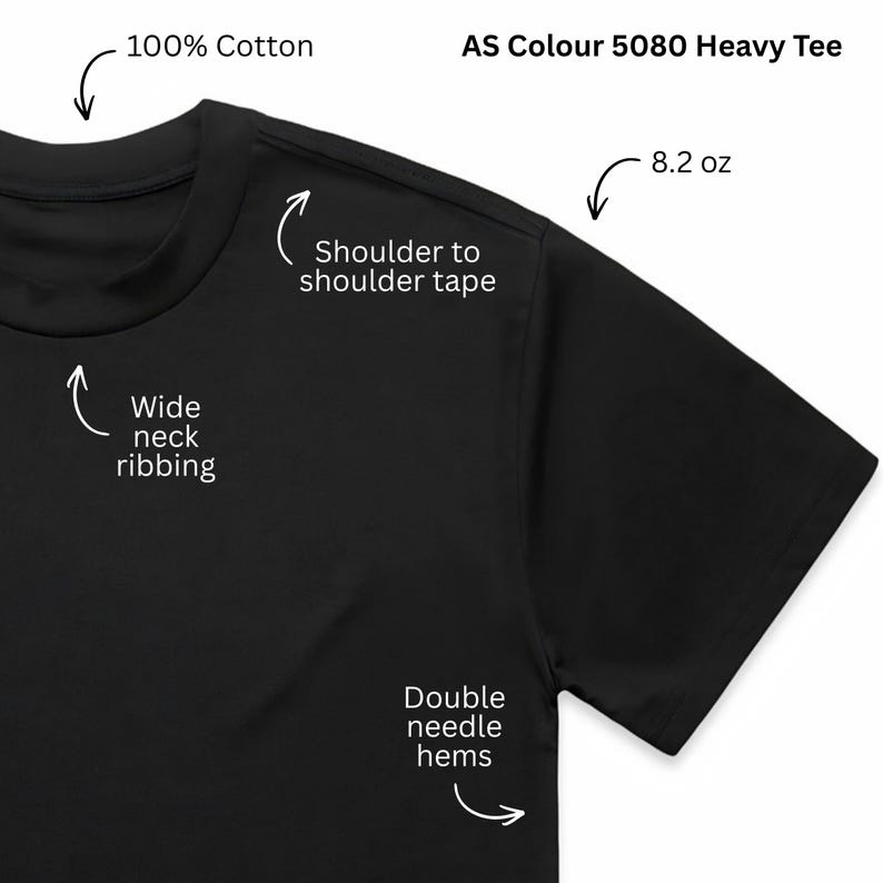 May include: A black AS Colour 5080 Heavy Tee made of 100% cotton. Features include wide neck ribbing, shoulder to shoulder tape, double needle hems, and a fabric weight of 8.2 oz. The shirt is shown with labels pointing to these specific construction details.