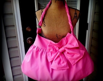 Handmade hot pink bow purse hobo bag Color variations with braided strap large pockets