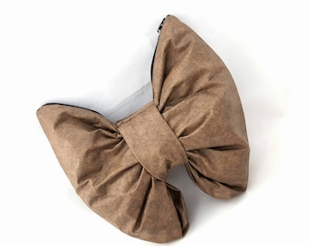 Tan bow clutch purse zippered handmade pouch LARGE size