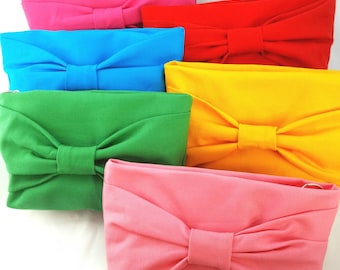 Handmade clutch/ bow clutch/ zippered pouch/ makeup bag/ gifts for her/ bridesmaid clutch/ bridesmaid gift/ gifts under 20