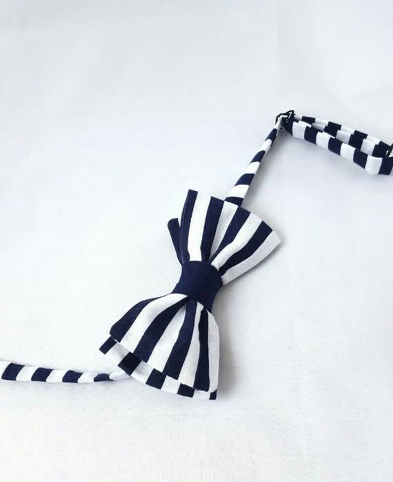 Handmade Navy and white striped adjustable pre tied bow tie menswear unique neckwear men teen neck tie image 3