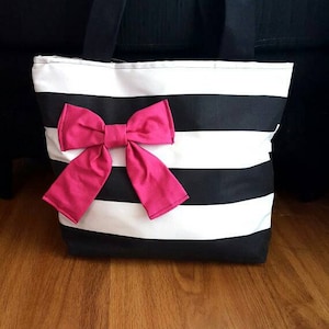 Black and white striped cotton bag with pink bow image 1